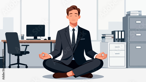 A businessman in a suit meditates in an office, emphasizing the importance of mental wellness and stress relief in a corporate environment.