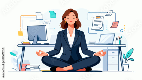 A businessman in a suit meditates in an office, emphasizing the importance of mental wellness and stress relief in a corporate environment.