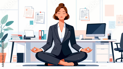 A businessman in a suit meditates in an office, emphasizing the importance of mental wellness and stress relief in a corporate environment.