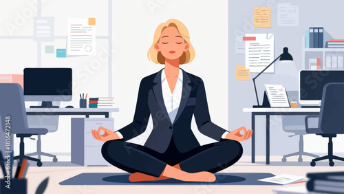 A businessman in a suit meditates in an office, emphasizing the importance of mental wellness and stress relief in a corporate environment.