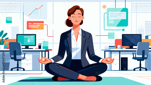 A businessman in a suit meditates in an office, emphasizing the importance of mental wellness and stress relief in a corporate environment.