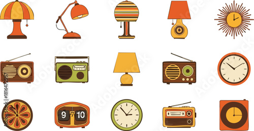 Vintage Radios, Lamps, and Clocks Vector Illustration