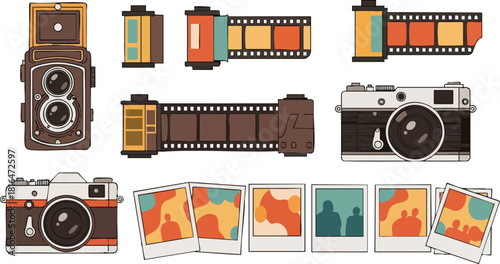 Vintage Camera and Film Roll Illustrations Retro Photography Elements