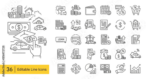 Finance and loan icons set in outline style, for business applications and web design