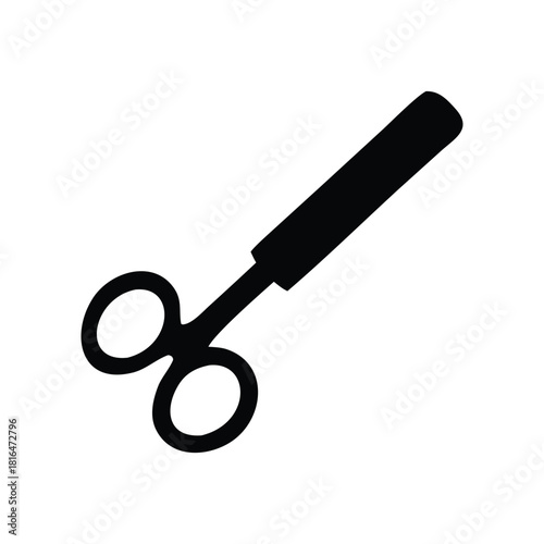 Professional black silhouette icon depicting a pair of medical scissors, a precise cutting instrument essential for healthcare and surgical procedures, isolated cleanly on a white background