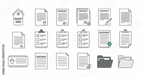 Collection of various document icons representing different file types and functions displayed on a clean white background