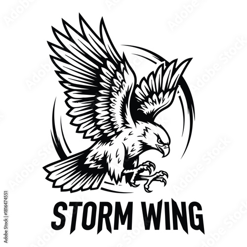 Majestic eagle soaring with outstretched wings in monochrome illustration style