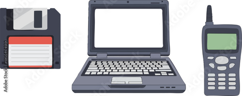 Vintage Tech Evolution Floppy Disk, Laptop, and Mobile Phone