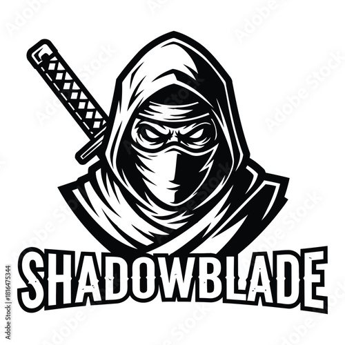 Mysterious ninja warrior with katana emblem in black and white design