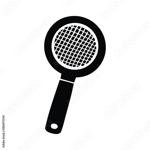 Flat black silhouette icon of a kitchen sieve. A cooking utensil with a mesh screen for sifting flour or straining liquids, vector graphic isolated on white