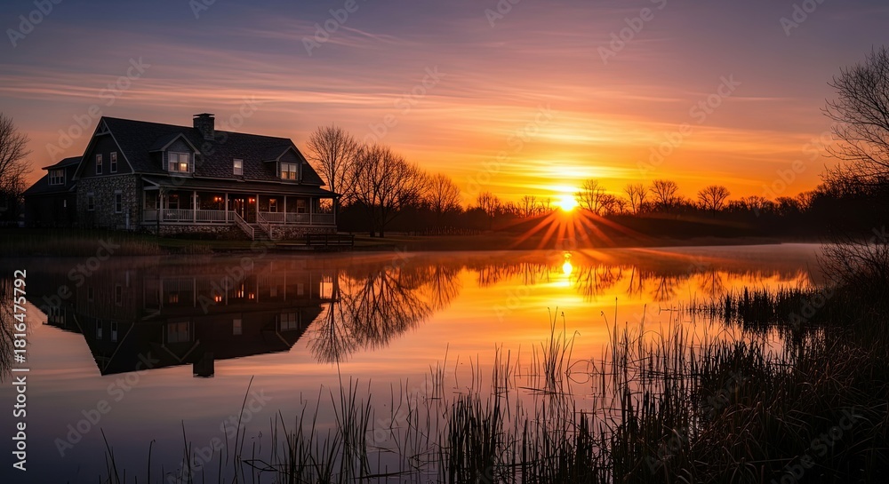 Fototapeta premium Serene lakeside house at sunset with calm water reflecting vibrant sky and surrounding trees