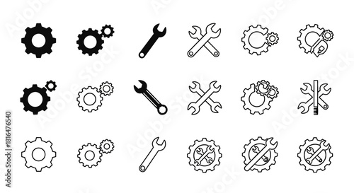 Comprehensive icon pack with cogwheel and spanner symbols for technical support, configuration, and maintenance interfaces