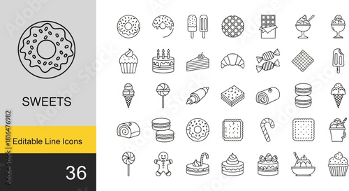 Sweet Treats Line Icons Donuts, Cakes, and Candies for Dessert Lovers