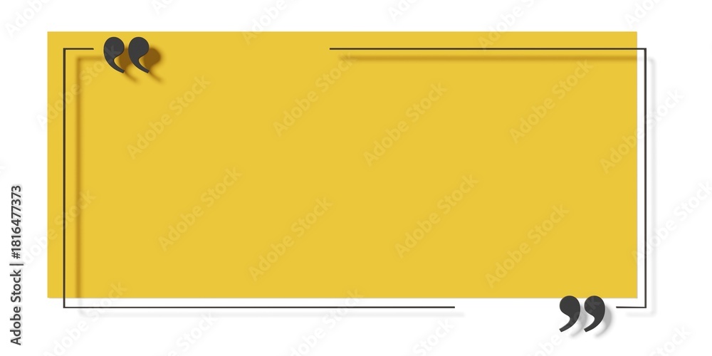 Fototapeta premium Black quotation marks in cutouts of thin line rectangle frame with underlaying yellow rectangle on white background, quote template with copy space