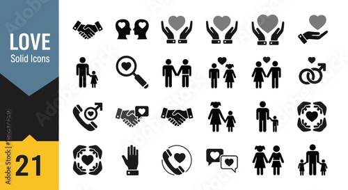 Comprehensive collection of modern solid love and relationship icons, ideal for illustrating affection, partnership, and family bonds in digital designs