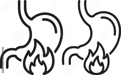 Two stomach silhouettes with flames representing heartburn silhouette