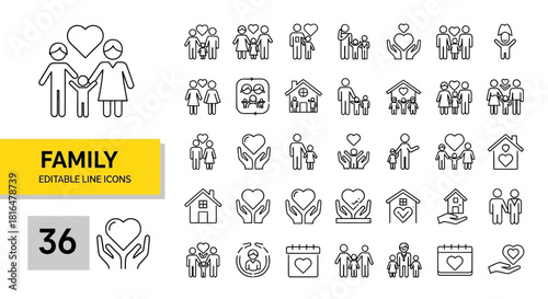Family Line Icons Set Love, Care, Relationships - 36 Editable Designs for Web & Print