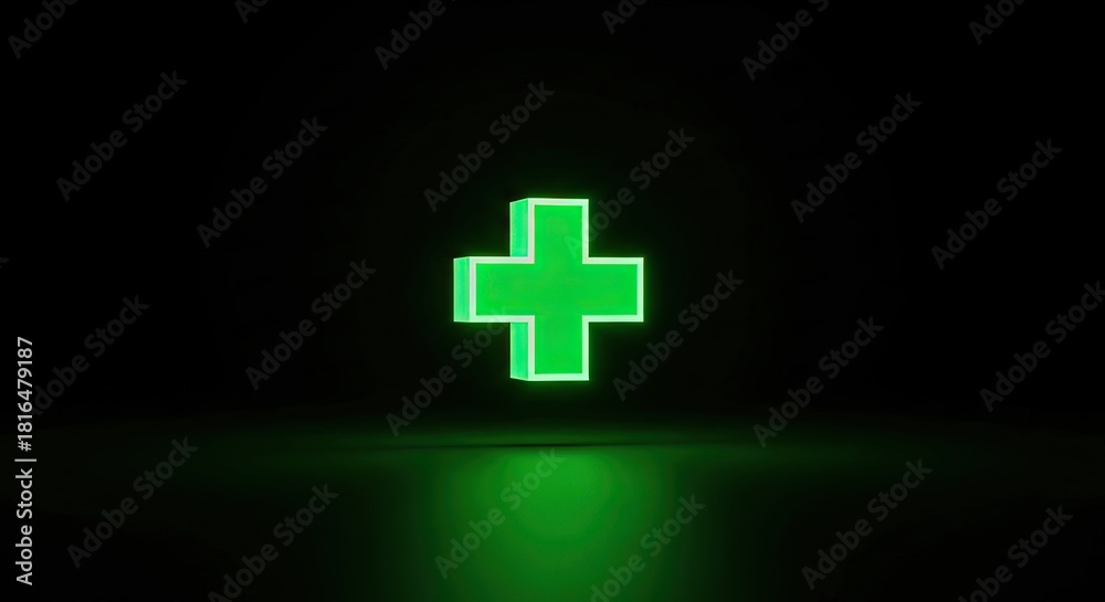 Obraz premium Green Plus Sign Symbol Glowing In The Dark with Reflection