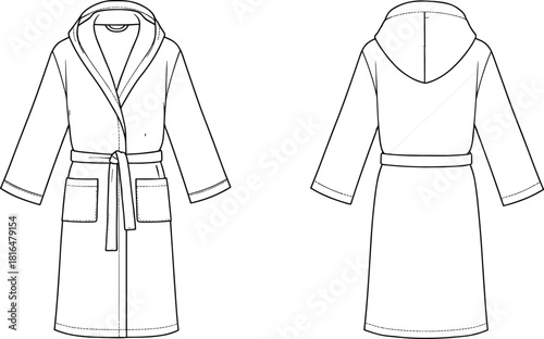 Hooded bathrobe flat sketch, fashion technical drawing, front back view, garment design template, vector apparel illustration, lounge wear layout