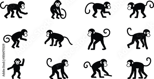 Monkey silhouette icon set, animal pose graphics, cartoon primate vector, black illustration pack, wildlife movement design, flat character collection