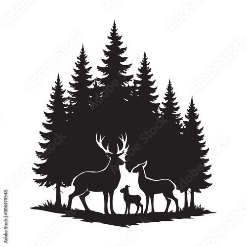 Serene Wild Deer Family Silhouette Framed By Tall Evergreen Forest