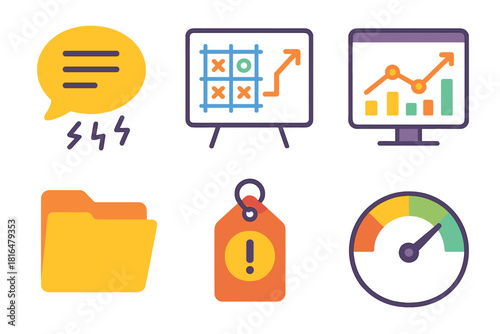 Innovation Tool Icons. Innovation Management Tools flat icon set: brainstorming bubble, whiteboard grid, analytics panel, resource folder, priority tag, metrics gauge