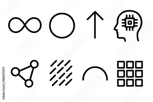Cognitive Tech Icons. Cognitive tech adaptation symbols linear icon set: evolving loop, clarity ring, growth arrow, mind–tech fusion, connected nodes, shifting pattern, scalable