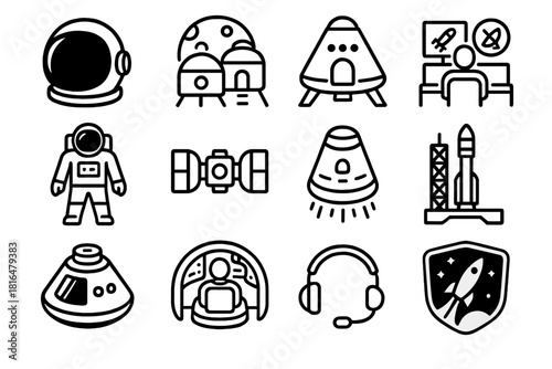 Space Mission Icons. Human Space Missions linear icon set: astronaut helmet, lunar base, crew capsule, mission control desk, EVA suit, docking port, reentry capsule, launch pad