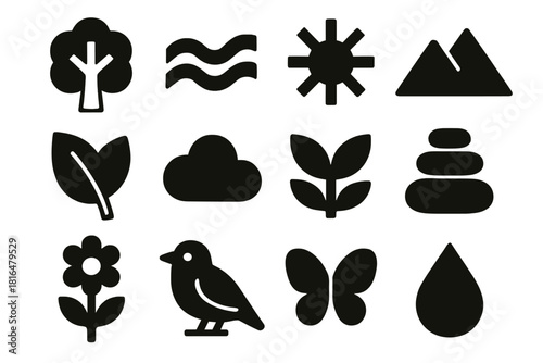 Bold Nature Icons. Nature Equilibrium silhouette icon set: tree, river, sun, mountain, leaf, cloud, plant, stone stack, flower, bird, butterfly, water droplet
