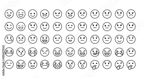 Comprehensive collection of simple line art emoji icons, displaying a wide range of human emotions and facial expressions for digital communication and modern UI design projects