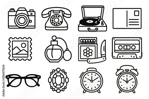 Vintage Icon Collection. Retro Memorabilia linear icon set. film camera, rotary phone, record player, postcard, cassette tape, stamp, perfume bottle, matchbox, pocket knife