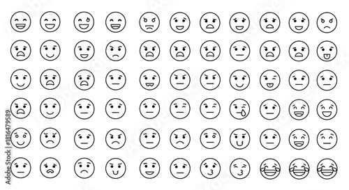 Emotions in icons Diverse expressions in a line art style, showcasing feelings with smiley faces