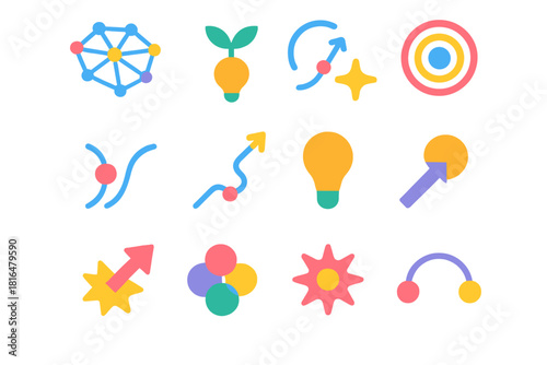 Mental Discovery Icons. Mental Discovery flat icon set: neural web, idea seed, expanding circle, synapse dot, exploration trail, insight sparkle, breakthrough arrow, motif cluster