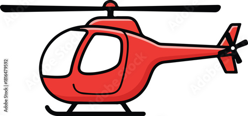 Cartoon red helicopter vector illustration on an isolated white background, flying vehicle for air transport and emergency services