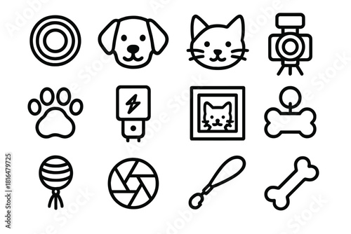 Pet Photography Icons. Pet Photography linear icon set: camera lens, dog, cat, tripod, paw print, flash light, photo frame, collar tag, pet toy, shutter icon, leash, bone