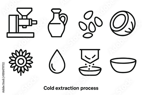 Cold Extraction Icons. Cold Extraction Process linear icon set. press machine, oil bottle, sesame seeds, coconut, sunflower, droplet, filter cloth, bowl