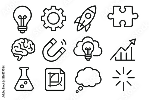Innovation Icons Layout. Innovative Creativity linear icon set. light bulb, gear, rocket, puzzle piece, brain, magnet, idea cloud, chart arrow, lab flask, design sketch, thought