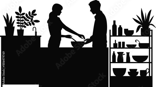 Cooking couple silhouette, man and woman preparing food together in a modern kitchen with plants and utensils.