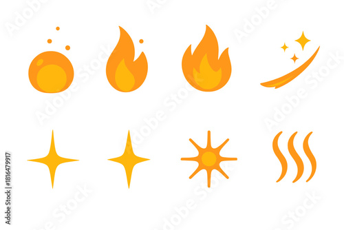Fiery Sparks Icons. Fiery Sparks Pack flat icons set. glowing ember, fire spark, flame burst, shimmer trail, light flash, star spark, flare glow, heat wave
