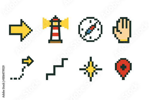 Pixel Art Guidance Icons. General Guidance pixel style icon set: guiding arrow, lighthouse beam, compass point, support hand, direction line, steady path, guidance spark, waypoint