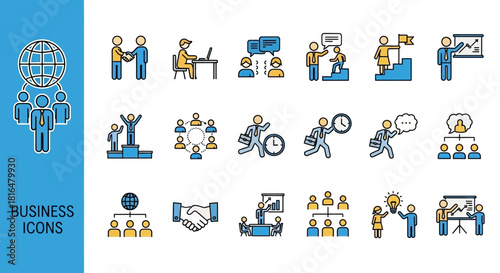 Set of flat design business icons representing teamwork, success, and strategic planning for modern enterprises