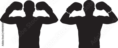 Two muscular men flexing biceps in silhouette posing together