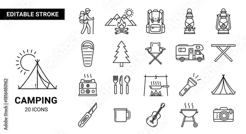 Camping Icons A Set of 20 Editable Stroke Line Art Illustrations for Outdoor Adventures