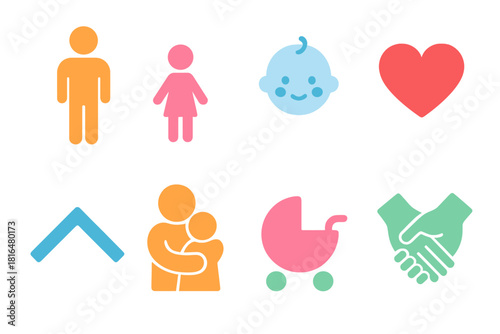Modern Family Icons. Family flat icon set: parent figure, child figure, baby icon, heart symbol, home roof, family hug, stroller, hand-holding pair