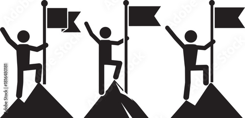 Three climbers plant flags on mountain peaks silhouette