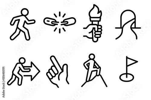 Courage Icons Steps Forward. Courage Actions linear icon set: stepping forward figure, breaking chain, lifted torch, open path, push arrow, decisive hand, challenge peak, goal