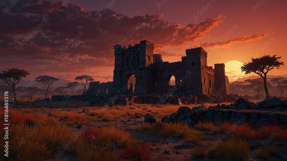 Obraz premium the sun is setting behind the ruins