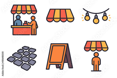 Isometric Street Icons. Street Scenes flat icon set: vendor, customer, awning, string lights, cobblestone path, signboard