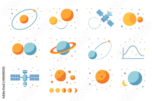 Celestial Mechanics Icons. Celestial Mechanics flat icon set: elliptical orbit, gravitational pull, space probe, binary stars, planetary rings, orbital trajectory, space station