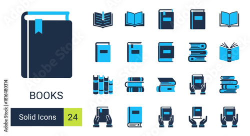 Collection of sleek, modern, blue and dark blue flat icons representing books and reading for graphic design and web use
